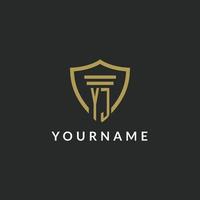 YJ initial monogram logo with pillar and shield style design vector