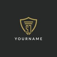 SJ initial monogram logo with pillar and shield style design vector