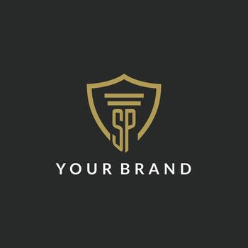 SP initial monogram logo with pillar and shield style design vector
