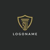 SU initial monogram logo with pillar and shield style design vector