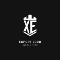 XE monogram logo initial with crown and shield guard shape style vector