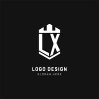 LX monogram logo initial with crown and shield guard shape style vector