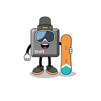 caricatura de mascota del jugador de snowboard con tecla shift del teclado vector