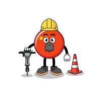 Character cartoon of china flag working on road construction vector