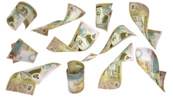 renderização 3D de notas de dinar jordaniano voando em diferentes ângulos e orientações isoladas em fundo transparente png