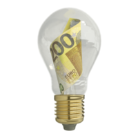 3d rendering of Euro note inside transparent light bulb isolated on transparent background, creative thinking. Making money by solving problem. idea concept png