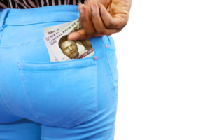 Black lady putting few Nigerian naira notes into her back pocket. Removing money from pocket, hold money png