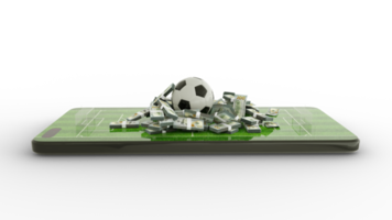 renderização 3D do campo de futebol na tela do celular. notas de dólar americano com futebol na tela do telefone. campo de futebol na tela do smartphone isolado em fundo transparente. apostar e ganhar o conceito png