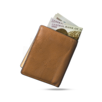 Rendu 3d de notes de naira nigérian sortant d'un portefeuille pour homme en cuir marron. shilling kenyan dans le portefeuille png