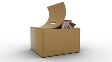 ghanaische Cedi-Noten in einer offenen Spardose aus Holz. Reihe von Sparkonzepten. generisches Sparschwein, Penny Bank, Spardose. 3D-Rendering png