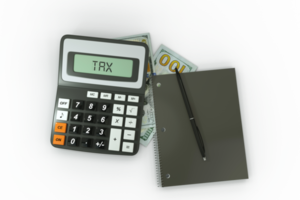 3D rendering of a composition of US dollar notes, a calculator, a note book and a pen isolated on transparent background. Tax background design concept png