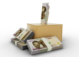 3D rendering of 1000 Nigerian naira notes in wooden Savings box png