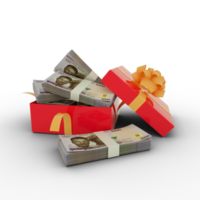 Stack of Nigerian naira notes inside an open red gift box. Bundles of Nigerian naira inside a gift box. 3d rendering of money inside box isolated on transparent background png