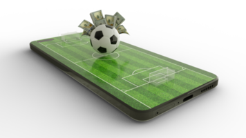 3d tolkning av fotboll fält på mobil telefon skärm. oss dollar anteckningar med fotboll på telefon skärm. fotboll kasta på smartphone skärm isolerat på transparent bakgrund. slå vad och vinna begrepp png