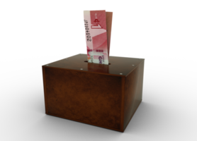 Ghanaian cedi notes inside an open wooden savings box. Generic Bank, Penny Bank, Money Box. 3d rendering png