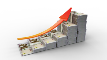 sinal de crescimento financeiro feito de pilhas de notas de naira nigeriano. renderização 3D de dinheiro organizado na forma de um gráfico de barras isolado em fundo transparente png