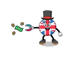 ilustración de personaje de la bandera del reino unido atrapando dinero con un imán vector