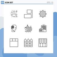 Group of 9 Modern Outlines Set for transport ship job business think Editable Vector Design Elements