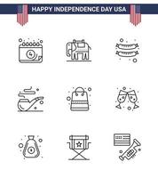 Set of 9 Modern Lines pack on USA Independence Day beer packages frankfurter money st Editable USA Day Vector Design Elements