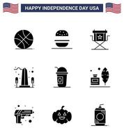 Happy Independence Day Pack of 9 Solid Glyphs Signs and Symbols for washington sight chair monument television Editable USA Day Vector Design Elements