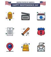 Pack of 9 creative USA Independence Day related Flat Filled Lines of sports baseball calendar ball declaration of independence Editable USA Day Vector Design Elements