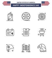 Group of 9 Lines Set for Independence day of United States of America such as declaration date american day badge Editable USA Day Vector Design Elements