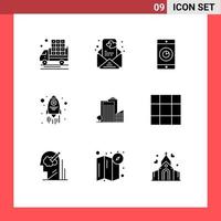 Group of 9 Modern Solid Glyphs Set for tower build mobile building rocket Editable Vector Design Elements