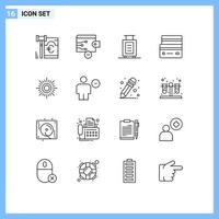 Set of 16 Vector Outlines on Grid for weather sun briefcase shopping debit Editable Vector Design Elements