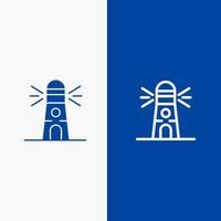 línea de la casa de navegación del edificio del faro y glifo icono sólido bandera azul vector