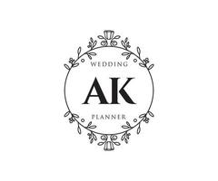 colección de logotipos de monograma de boda con letras iniciales ak, plantillas florales y minimalistas modernas dibujadas a mano para tarjetas de invitación, guardar la fecha, identidad elegante para restaurante, boutique, café en vector