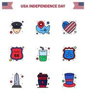 Set of 9 Modern Flat Filled Lines pack on USA Independence Day drink american american sign security Editable USA Day Vector Design Elements