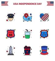 conjunto de 9 líneas llenas planas modernas paquete en el día de la independencia de estados unidos bebida signo americano americano seguridad editable elementos de diseño vectorial del día de estados unidos vector