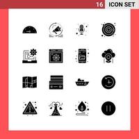 Pack of 16 Modern Solid Glyphs Signs and Symbols for Web Print Media such as coding c mic sun planet Editable Vector Design Elements