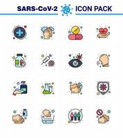 Covid19 icon set for infographic 16 Flat Color Filled Line pack such as medicine bottle love capsule heart tablet viral coronavirus 2019nov disease Vector Design Elements