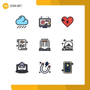 grupo de 9 colores planos de línea de relleno modernos establecidos para elementos de diseño de vectores editables de datos de privacidad de corazón de seguridad de portátiles