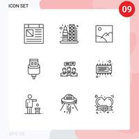 Mobile Interface Outline Set of 9 Pictograms of business usb image connector cable Editable Vector Design Elements