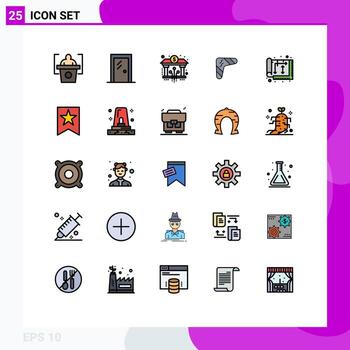 grupo de 25 signos y símbolos de colores planos de línea rellena para elementos de diseño de vectores editables de arma banco indígena boomerang australia