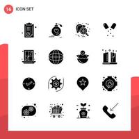 Pack of 16 Universal Glyph Icons for Print Media on White Background Creative Black Icon vector background