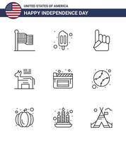 9 USA Line Pack of Independence Day Signs and Symbols of film cinema hand symbol american Editable USA Day Vector Design Elements