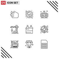 Set of 9 Vector Outlines on Grid for people business clock crane architecture Editable Vector Design Elements