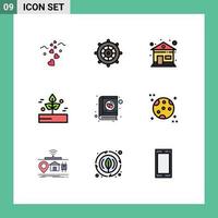 Pack of 9 Modern Filledline Flat Colors Signs and Symbols for Web Print Media such as love rainy building rain leaf Editable Vector Design Elements