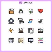 Modern Set of 16 Flat Color Filled Lines Pictograph of dvd favorite supporter like heart Editable Creative Vector Design Elements