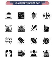 Happy Independence Day USA Pack of 16 Creative Solid Glyphs of building scale cold law court Editable USA Day Vector Design Elements