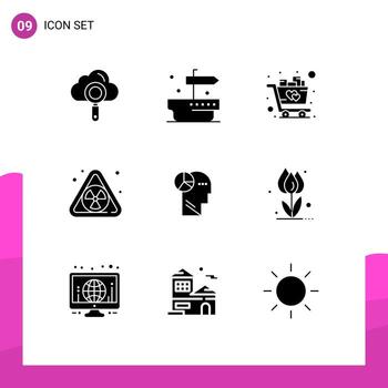 conjunto de 9 iconos de interfaz de usuario modernos símbolos signos para pensar cabeza amor gráfico contaminación elementos de diseño vectorial editables vector