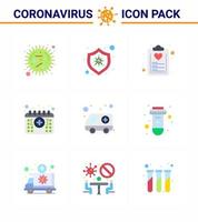 Conjunto de 9 colores planos de iconos epidémicos del virus de la corona, como calendario de tiempo, lista de citas de enfermedades, coronavirus viral 2019nov, elementos de diseño de vectores de enfermedades