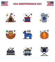 feliz paquete del día de la independencia de 9 líneas planas llenas de signos y símbolos para el símbolo de la bebida americana gorra de burro elementos de diseño vectorial del día de estados unidos editables vector