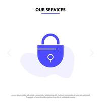 Our Services Internet Lock Locked Security Solid Glyph Icon Web card Template vector