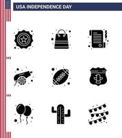 feliz día de la independencia 9 paquete de iconos de glifos sólidos para web e impresión deportes bola papel arma canon editable usa día vector elementos de diseño