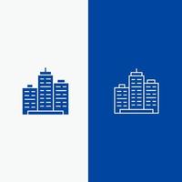 edificio arquitectura negocio finca oficina propiedad línea real y glifo icono sólido bandera azul línea y glifo icono sólido bandera azul vector