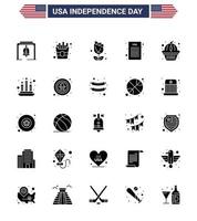 Modern Set of 25 Solid Glyph and symbols on USA Independence Day such as cake muffin imerican american declaration of independence Editable USA Day Vector Design Elements